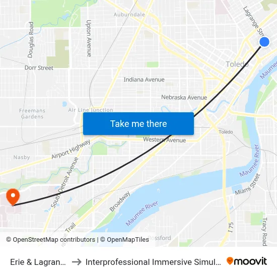 Erie & Lagrange SW to Interprofessional Immersive Simulation Center map