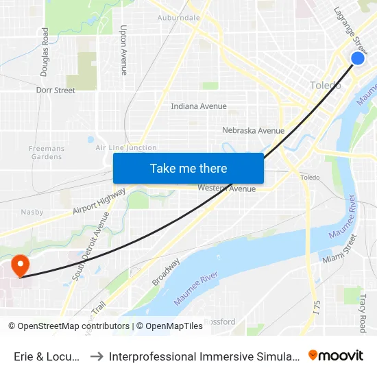 Erie & Locust SW to Interprofessional Immersive Simulation Center map