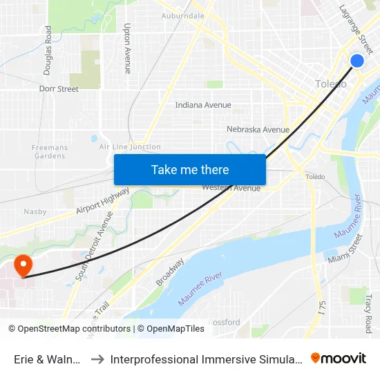 Erie & Walnut SW to Interprofessional Immersive Simulation Center map