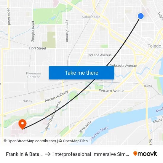 Franklin & Batavia NW to Interprofessional Immersive Simulation Center map