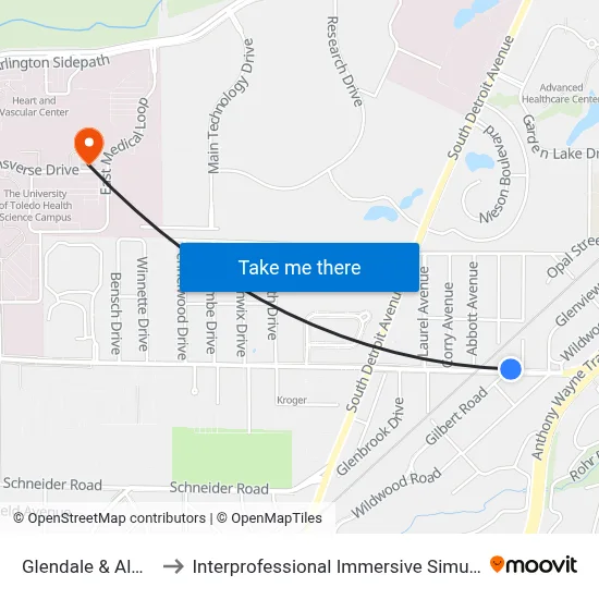 Glendale & Almon NE to Interprofessional Immersive Simulation Center map