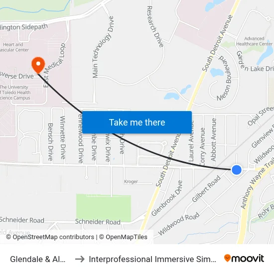 Glendale & Almon SW to Interprofessional Immersive Simulation Center map
