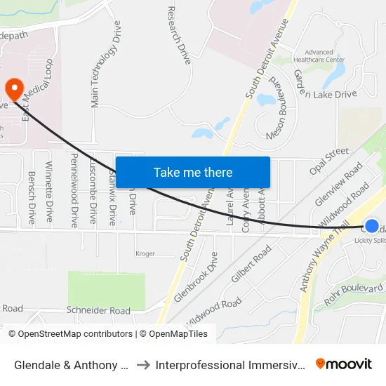 Glendale & Anthony Wayne Trail NE to Interprofessional Immersive Simulation Center map