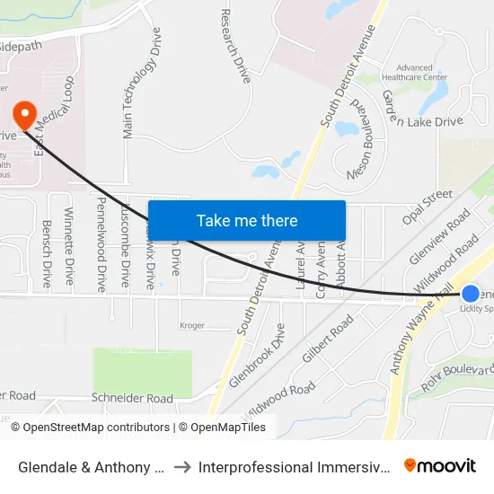 Glendale & Anthony Wayne Trail SE to Interprofessional Immersive Simulation Center map