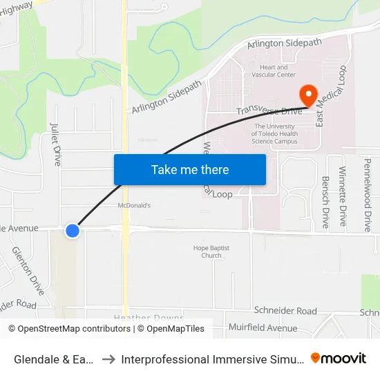 Glendale & Eaton SW to Interprofessional Immersive Simulation Center map