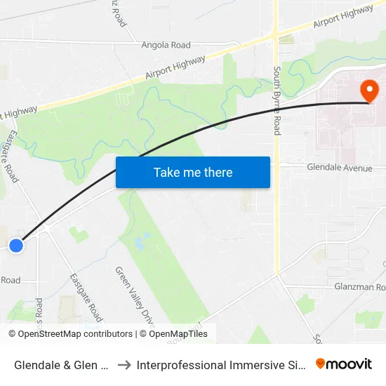 Glendale & Glen Valley SW to Interprofessional Immersive Simulation Center map