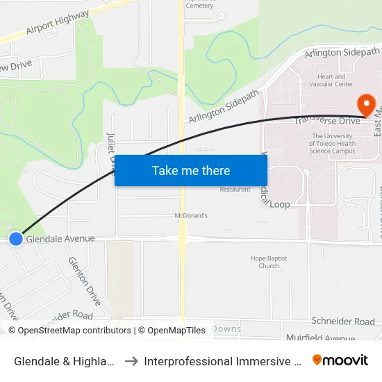 Glendale & Highland Green NE to Interprofessional Immersive Simulation Center map