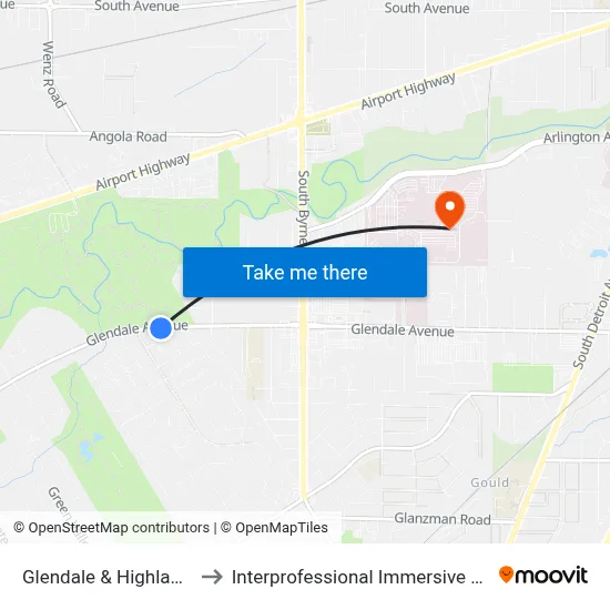 Glendale & Highland Green SW to Interprofessional Immersive Simulation Center map