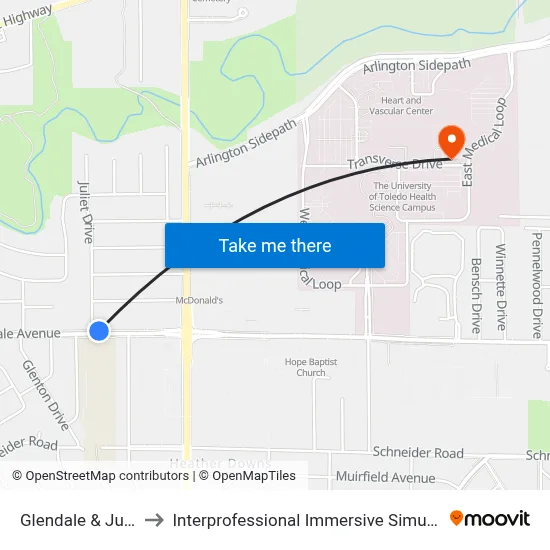 Glendale & Juliet NE to Interprofessional Immersive Simulation Center map