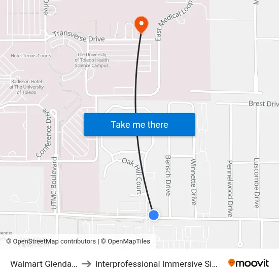 Walmart Glendale South to Interprofessional Immersive Simulation Center map