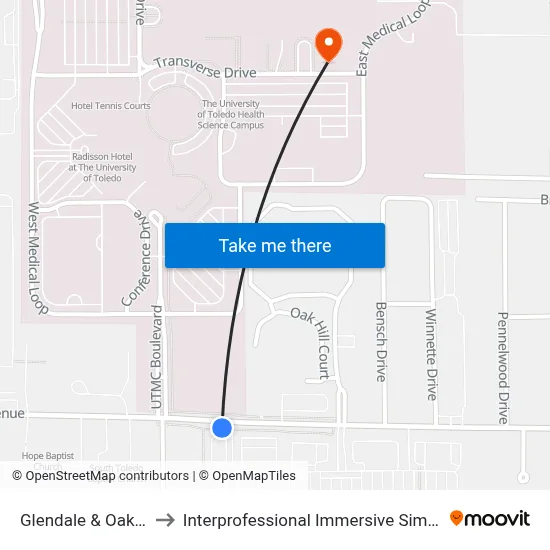 Glendale & Oak Hill SW to Interprofessional Immersive Simulation Center map