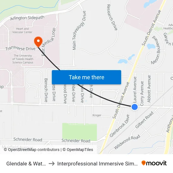 Glendale & Watova SW to Interprofessional Immersive Simulation Center map