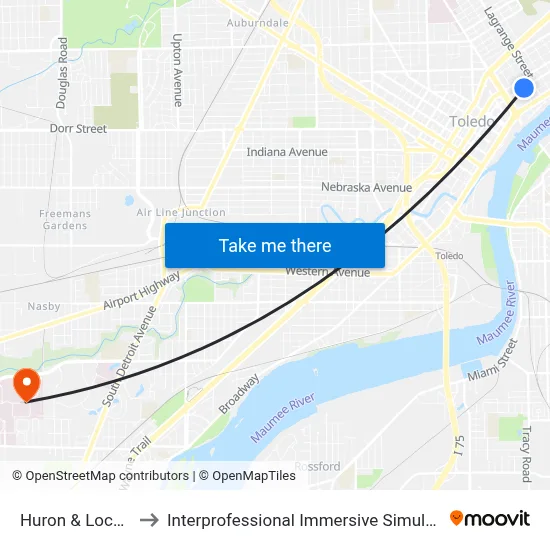 Huron & Locust NE to Interprofessional Immersive Simulation Center map