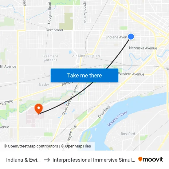 Indiana & Ewing SW to Interprofessional Immersive Simulation Center map
