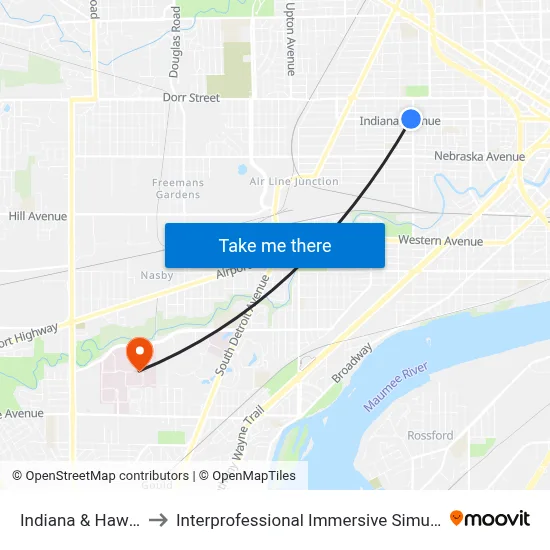 Indiana & Hawley SW to Interprofessional Immersive Simulation Center map