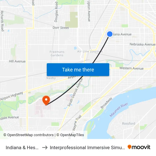 Indiana & Heston SW to Interprofessional Immersive Simulation Center map