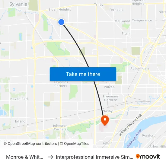 Monroe & Whiteford NE to Interprofessional Immersive Simulation Center map
