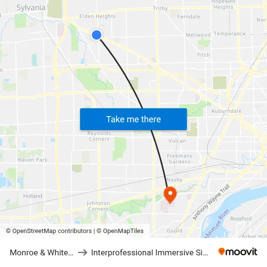 Monroe & Whiteford NW to Interprofessional Immersive Simulation Center map
