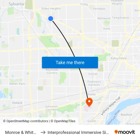 Monroe & Whiteford SW to Interprofessional Immersive Simulation Center map