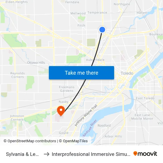 Sylvania & Lewis NW to Interprofessional Immersive Simulation Center map