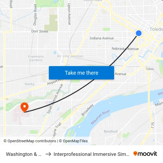 Washington & 16th NE to Interprofessional Immersive Simulation Center map
