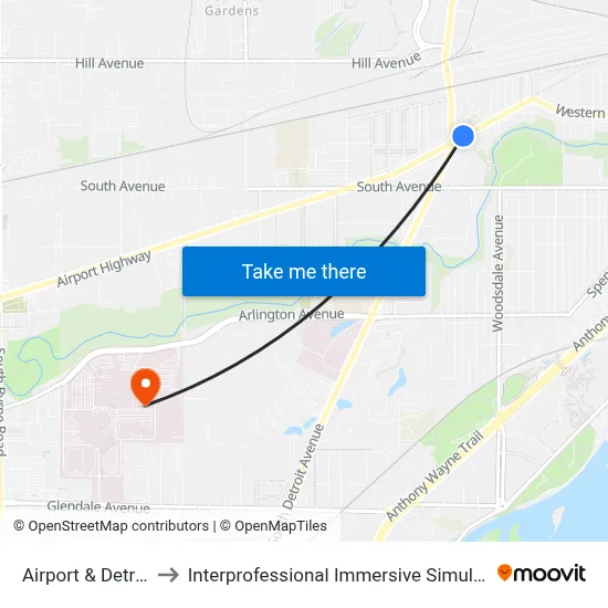 Airport & Detroit NE to Interprofessional Immersive Simulation Center map