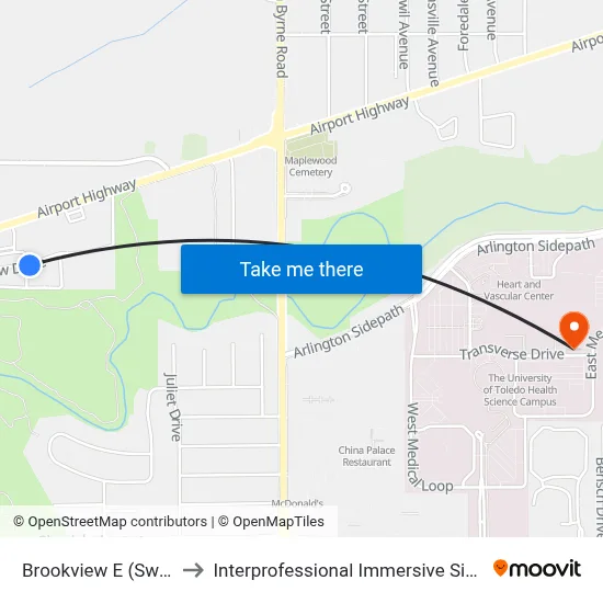 Brookview E (Swan Creek) to Interprofessional Immersive Simulation Center map