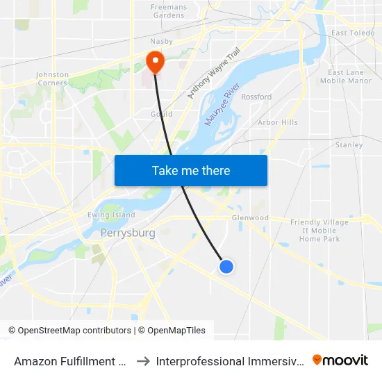 Amazon Fulfillment Center Rossford to Interprofessional Immersive Simulation Center map