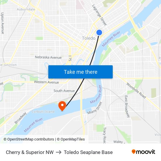 Cherry & Superior NW to Toledo Seaplane Base map