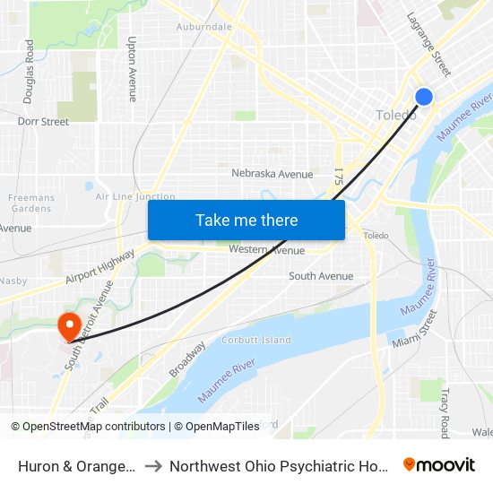 Huron & Orange NE to Northwest Ohio Psychiatric Hospital map