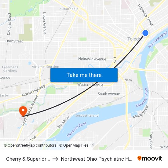 Cherry & Superior NW to Northwest Ohio Psychiatric Hospital map