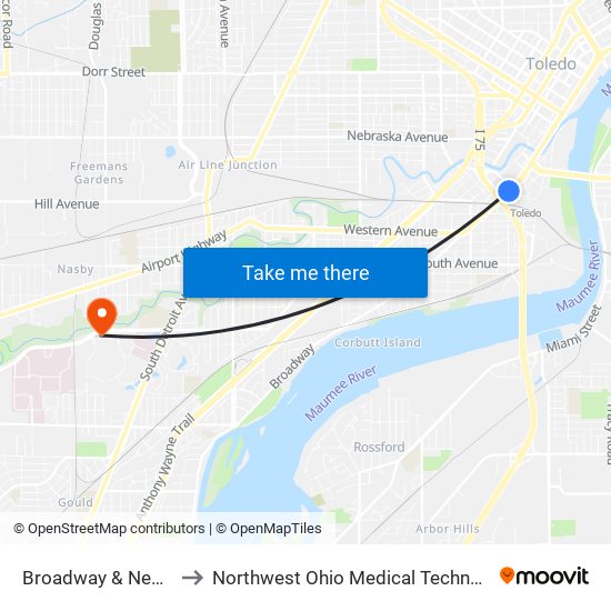 Broadway & Newton SE to Northwest Ohio Medical Technology Center map