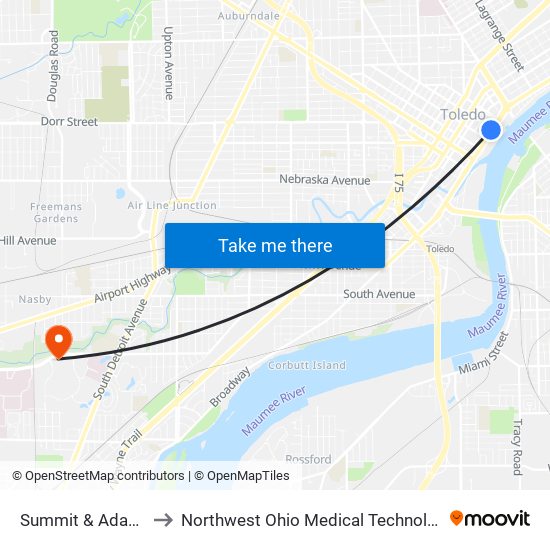 Summit & Adams NE to Northwest Ohio Medical Technology Center map