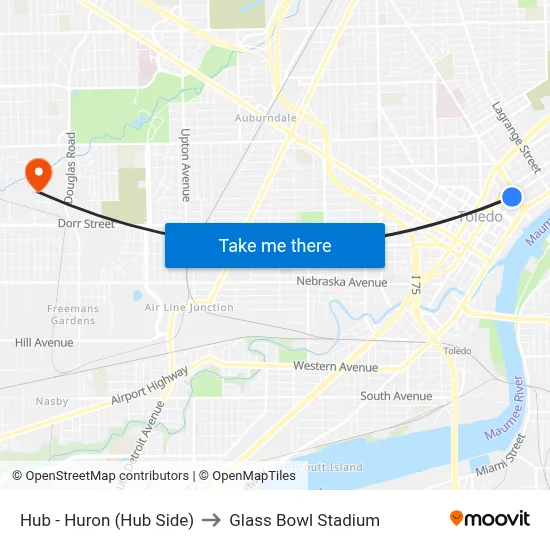 Hub - Huron (Hub Side) to Glass Bowl Stadium map
