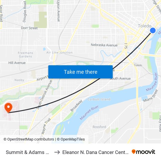 Summit & Adams NE to Eleanor N. Dana Cancer Center map