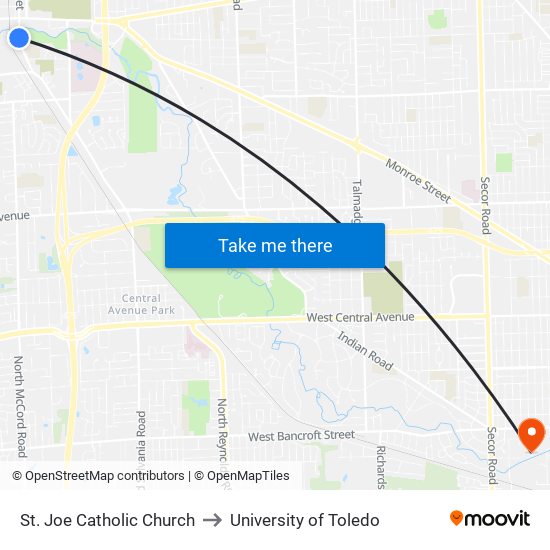 St. Joe Catholic Church to University of Toledo map