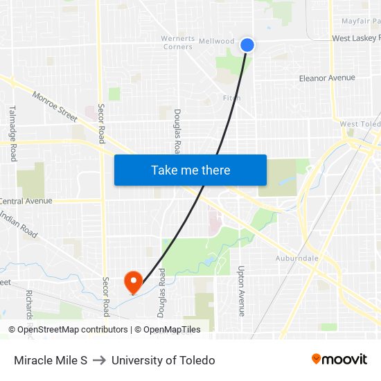 Miracle Mile S to University of Toledo map