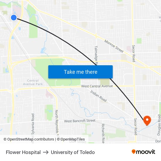 Flower Hospital to University of Toledo map