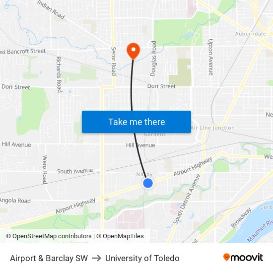 Airport & Barclay SW to University of Toledo map