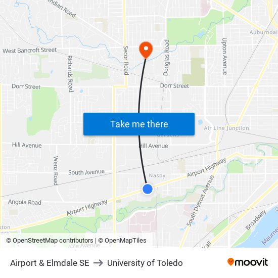 Airport & Elmdale SE to University of Toledo map