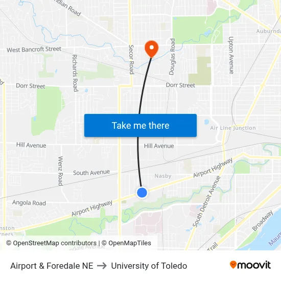 Airport & Foredale NE to University of Toledo map