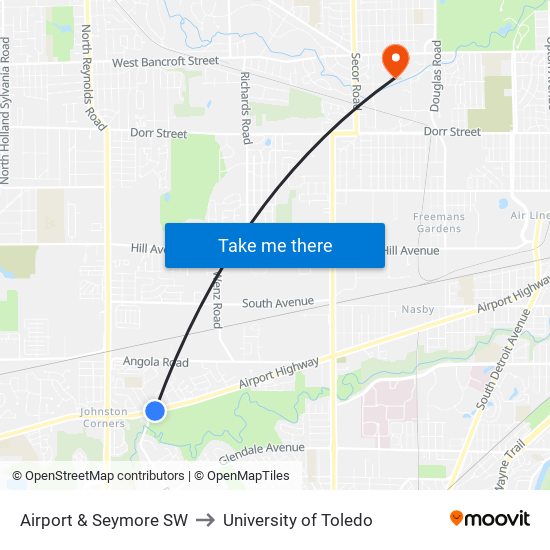 Airport & Seymore SW to University of Toledo map