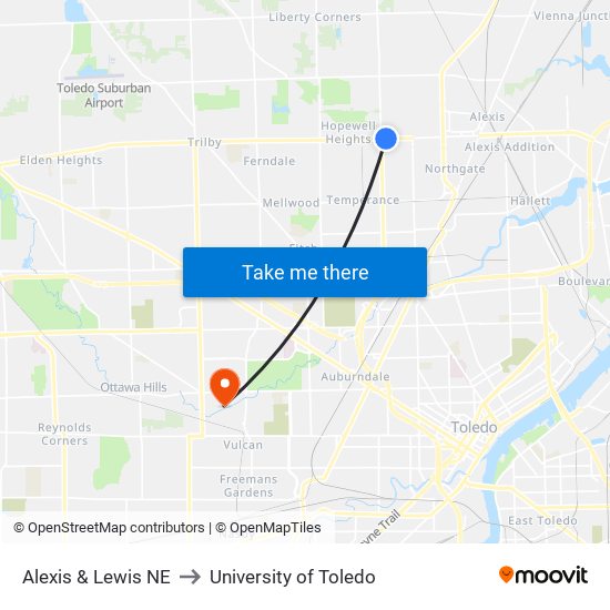 Alexis & Lewis NE to University of Toledo map