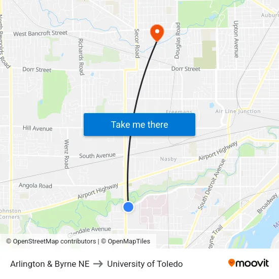 Arlington & Byrne NE to University of Toledo map