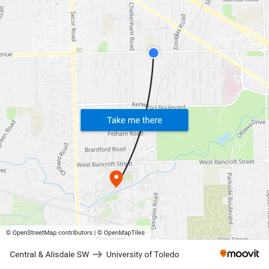Central & Alisdale SW to University of Toledo map