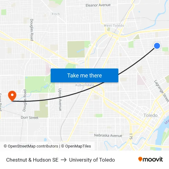 Chestnut & Hudson SE to University of Toledo map