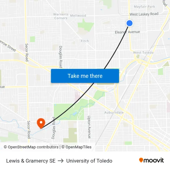 Lewis & Gramercy SE to University of Toledo map