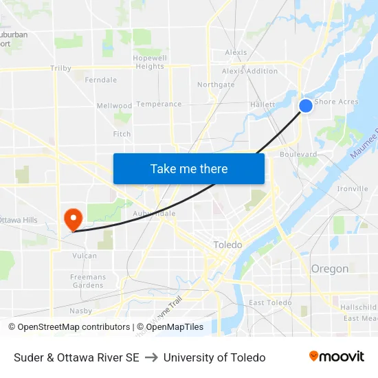 Suder & Ottawa River SE to University of Toledo map
