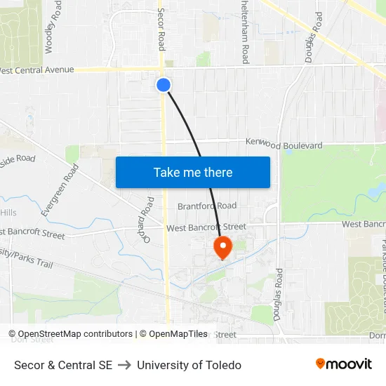 Secor & Central SE to University of Toledo map