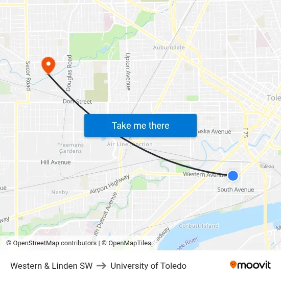 Western & Linden SW to University of Toledo map
